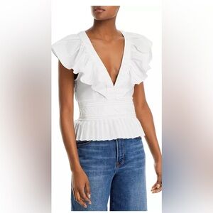 Ramy Brook White Ruffle V-Neck Blouse